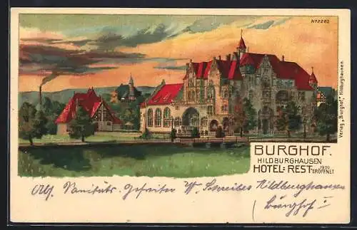 Lithographie Hildburghausen, Burghof Hotel-Restaurant 1900 eröffnet