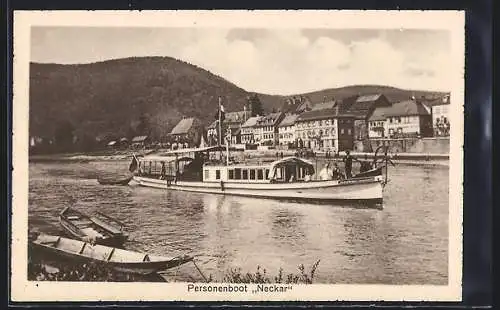 AK Eberbach, Personenboot Neckar auf dem Neckar vor der Ortschaft