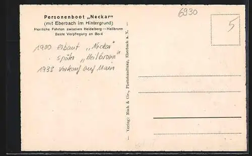 AK Eberbach, Personenboot Neckar auf dem Neckar vor der Ortschaft