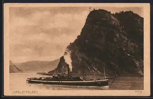 AK Dampfschiff Karl Schroers auf dem Rhein am Loreleyfelsen