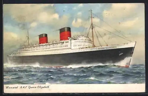 AK Passagierschiff R.M.S. Queen Elizabeth in voller Fahrt, Cunard Line