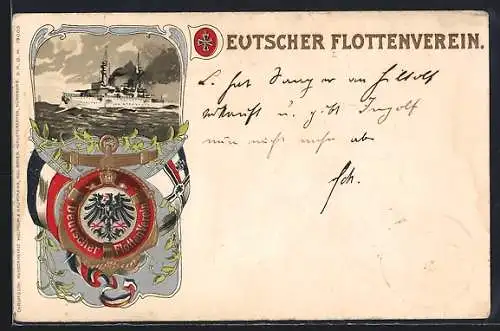 Präge-Lithographie Kriegsschiff in voller Fahrt, Deutscher Flottenverein