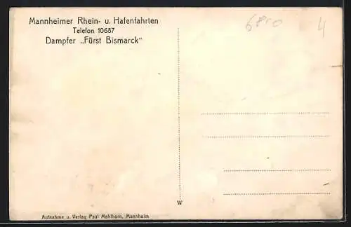 AK Mannheim, Dampfer Fürst Bismarck unter der Brücke