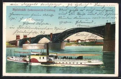 AK Duisburg-Hochemmerich, Rheinbrücke mit Dampfer