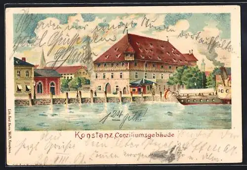 Lithographie Konstanz, Blick auf Conziliumgebäude