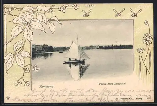 AK Konstanz, Segelboot beim Inselhotel, Rahmen mit Blumen & Bienen