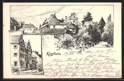 Künstler-AK Konstanz, Regierungsgebäude und Teilansicht