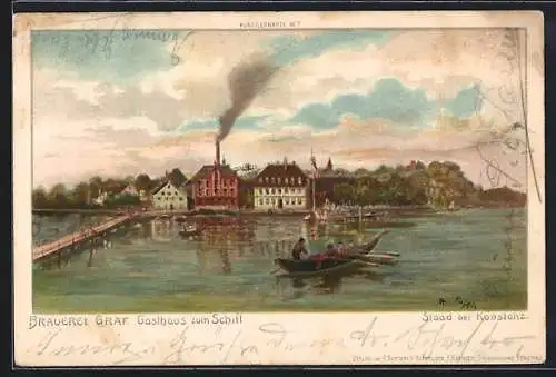 Lithographie Staad, Blick auf die Brauerei Graf, Gasthaus zum Schiff