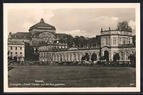 AK Kassel, Orangerie und Staatl. Theater von der Aue gesehen