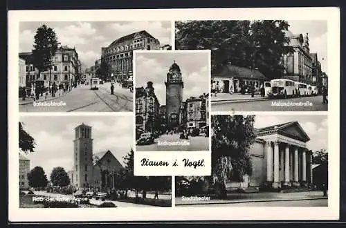 AK Plauen i. Vogtl., Rathausstrasse, Bahnhofstrasse mit Strassenbahn, Melanchtonstrasse, Platz der Roten Armee, Stadttheater