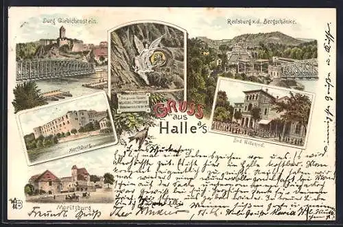 Lithographie Halle a. S., Bad Wittekind, Burg Giebichenstein und Moritzburg