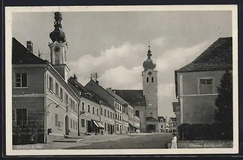 AK Landau a. Isar, Oberer Stadtplatz und Marienplatz mit Geschäft