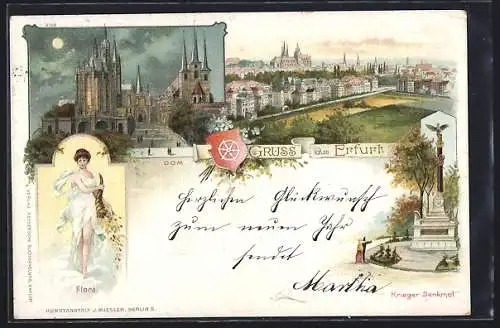 Lithographie Erfurt, Dom, Krieger-Denkmal und Flora