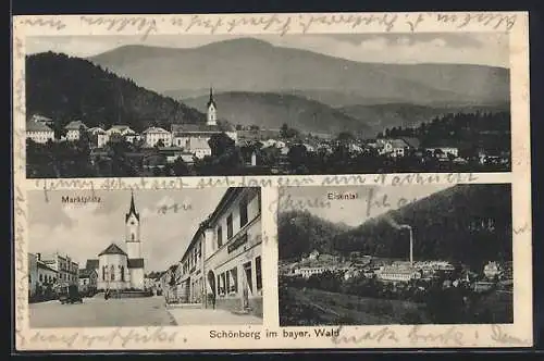 AK Schönberg / Bayer. Wald, Marktplatz, Elsental-Fabrik und Generalansicht