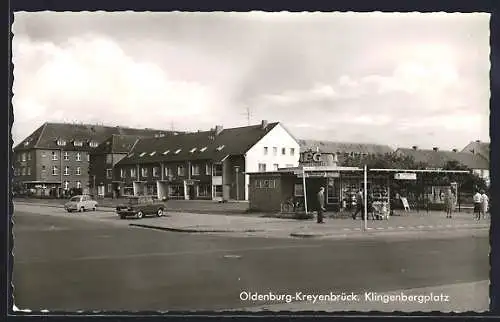 AK Oldenburg-Kreyenbrück, Strasse am Klingenbergplatz, Café und Autos