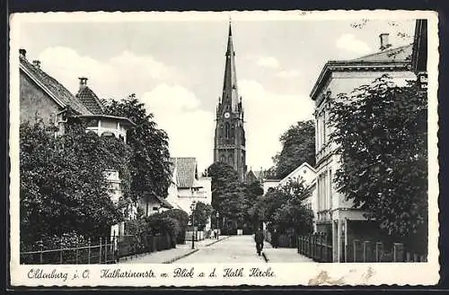 AK Oldenburg i. O., Katharinenstrasse mit Blick auf die katholische Kirche