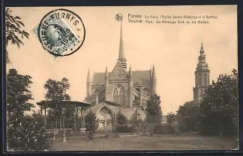 AK Furnes, Le Parc, l`Eglise Sainte-Walburge et le Beffroi