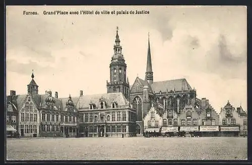 AK Furnes, Grand`Place avec l`Hotel de ville et palais de Justice, Geschäfte