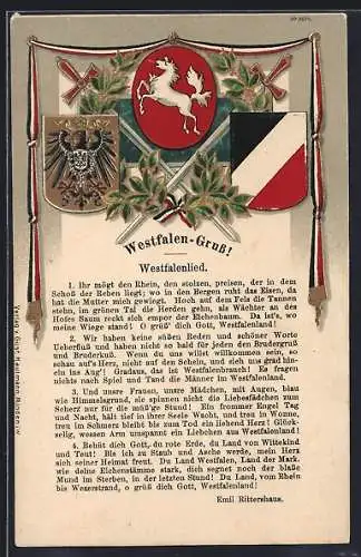 Präge-AK Reichswappen und westfälisches Wappen, Das Westfalenlied von Emil Rittershaus