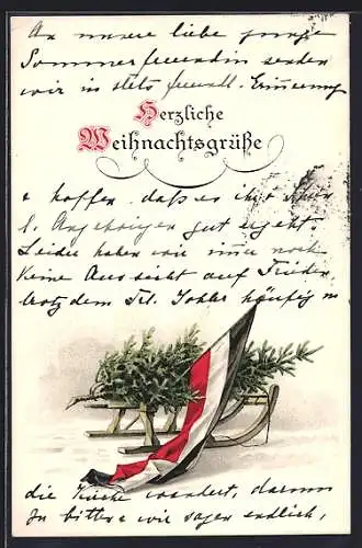 AK Reichskriegsflagge mit Weihnachtsbaum auf einem Schlitten