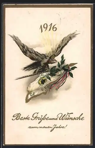 AK 1916 - Herzliche Neujahrsgrüsse!, 1. Weltkrieg, Adler mit Standarte