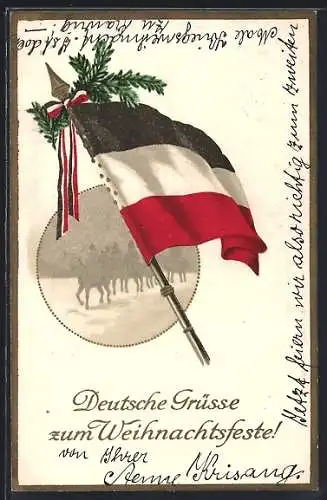 AK Grüsse zum Weihnachtsfest, Fahne mit Tannenzweig