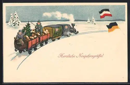 Künstler-AK Ad.Hoffmann: Eisenbahn mit Soldaten und Tannenbaum im Schnee zu Weihnachten