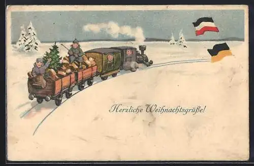 Künstler-AK Ad.Hoffmann: Eisenbahn mit Soldaten und Tannenbaum im Schnee zu Weihnachten