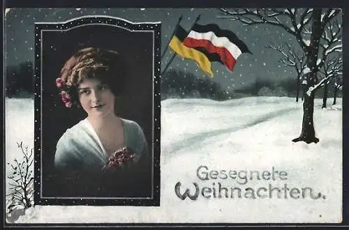 AK Zweibund Weihnachtsgruss, Fahnen Deutsches Reich und Österreich, Mädchen Portrait