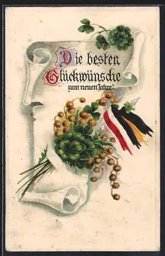 AK Deutscher Geburtstagsgruss, Zweibund-Fahnen Deutsches Reich & Österreich mit Klee & Wildblumen