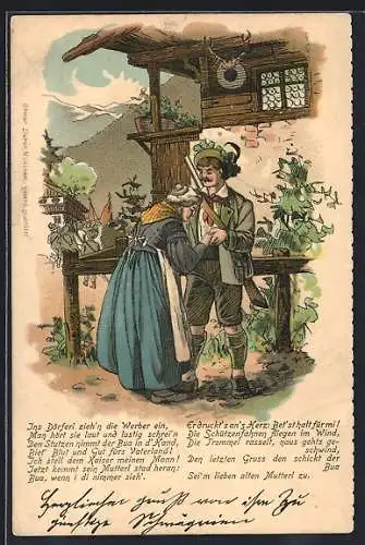 Lithographie Jäger beim Abschied von der Mutter