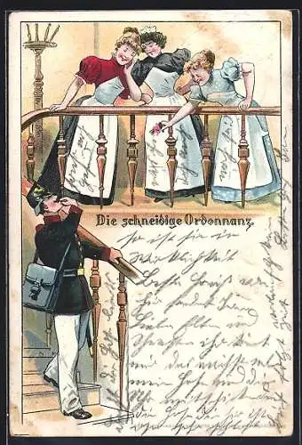 Lithographie Die schneidige Ordonnanz, Soldat und Dienstmädchen