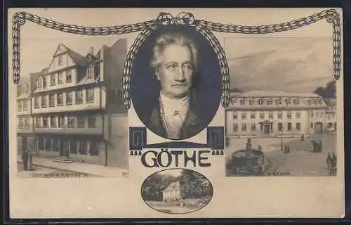 AK Frankfurt a. M., Geburtshaus von Goethe, Wohnhaus in Weimar, Portrait