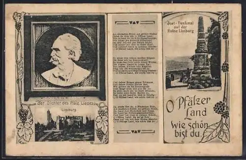 AK Eduard Jost, Dichter des Pfälzer Liedes, Ruine Limburg mit Jost-Denkmal