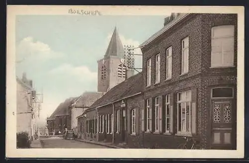 AK Boeschepe, Vue de l`église et des maisons de la rue principale