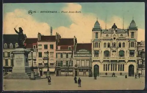 AK Dunkerque, Place Jean-Bart avec statue et bâtiments historiques