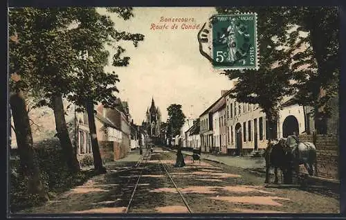 AK Bonsecours, Route de Condé avec vue sur l`église et tramway