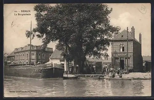 AK Denain, La Bacquetterie avec péniche sur le canal