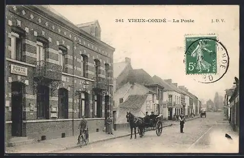 AK Vieux-Condé, La Poste et scène de rue animée avec calèche et cycliste