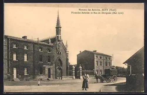 AK Auby, Place des Asturies et Rue de Dorigines (Mai 1920)