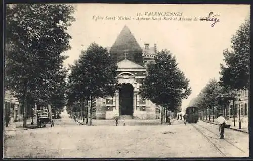 AK Valenciennes, Église Saint-Michel et tramway sur l`Avenue Saint-Roch