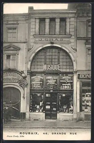 AK Roubaix, Facade du magasin de musique J. Gras, Grande Rue 48