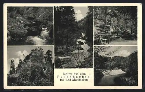 AK Bad Mühllacken, Motive aus dem Pesenbachtal, Ruine, Wegkreuz, Flussschnelle