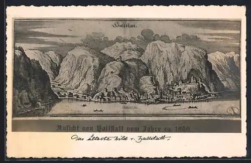 Künstler-AK Hallstatt, Totalansicht aus dem Jahre 1650