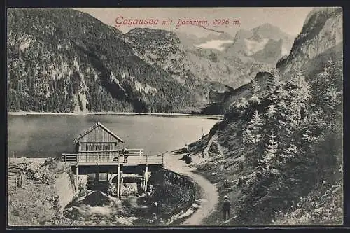 AK Gosausee, Holzhütte auf Pfählen am Gosausee