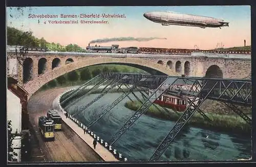 AK Barmen-Elberfeld-Vohwinkel, Zeppelin und Schwebebahn