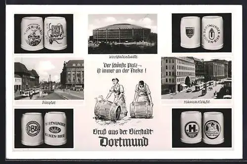 AK Dortmund, Westfallenhalle, neuer Hauptbahnhof, Hansastrasse, Bierkrug