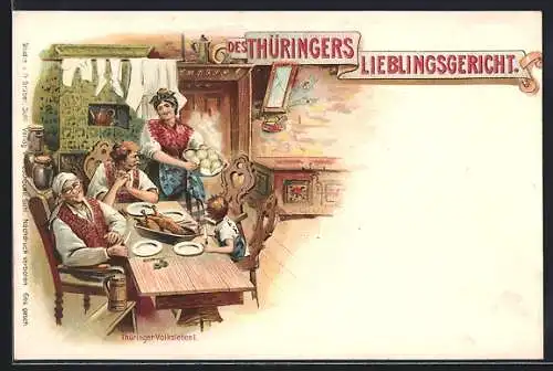 Lithographie Thüringer in Tracht bei Gänsebraten mit Klössen