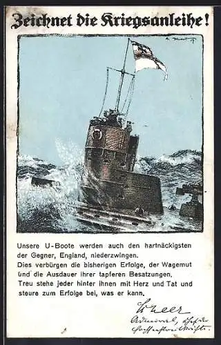 Künstler-AK Zeichnet die Kriegsanleihe!, Unsere U-Boote werden auch den hartnäckigsten der Gegner, England...