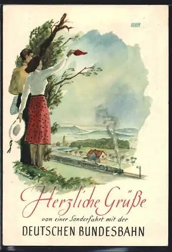 AK Mann und Frau winken einer abfahrenden Eisenbahn, Sonderfahrt mit der Deutschen Bundesbahn, Tourismus